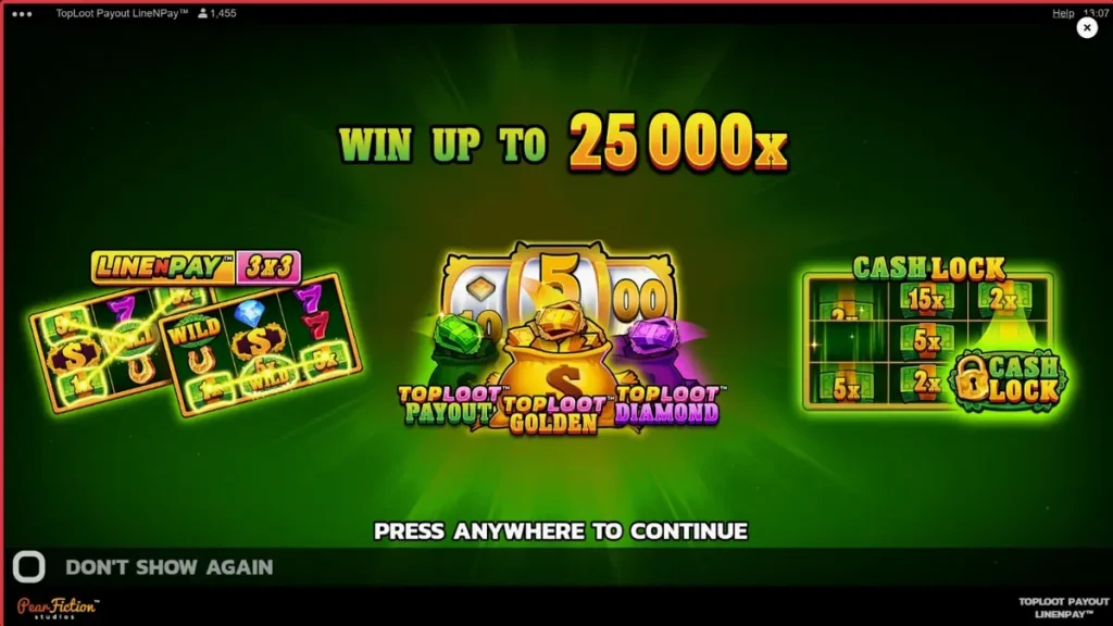 Tampilan visual slot TopLoot Payout LineNPay dengan latar belakang ruang harta karun emas.